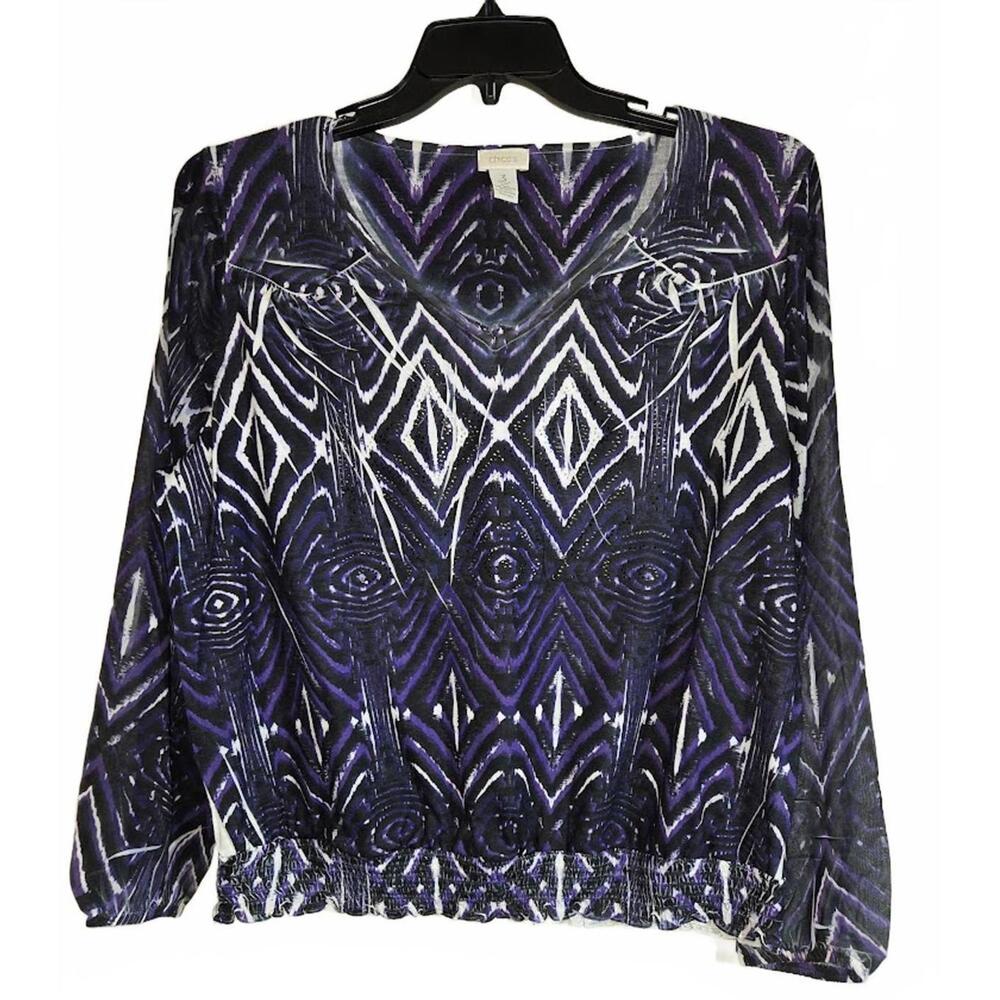 Chico's Purple and Black Patterned Long Sleeve Sheer Blouse Size XL